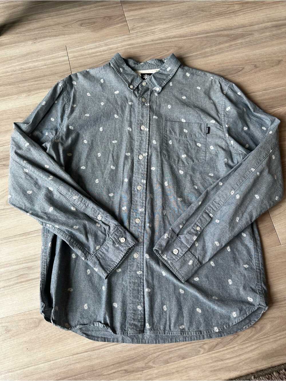 Stussy Men's Button-Down Shirt Paisley Pattern Denim Blue Color Mens Large